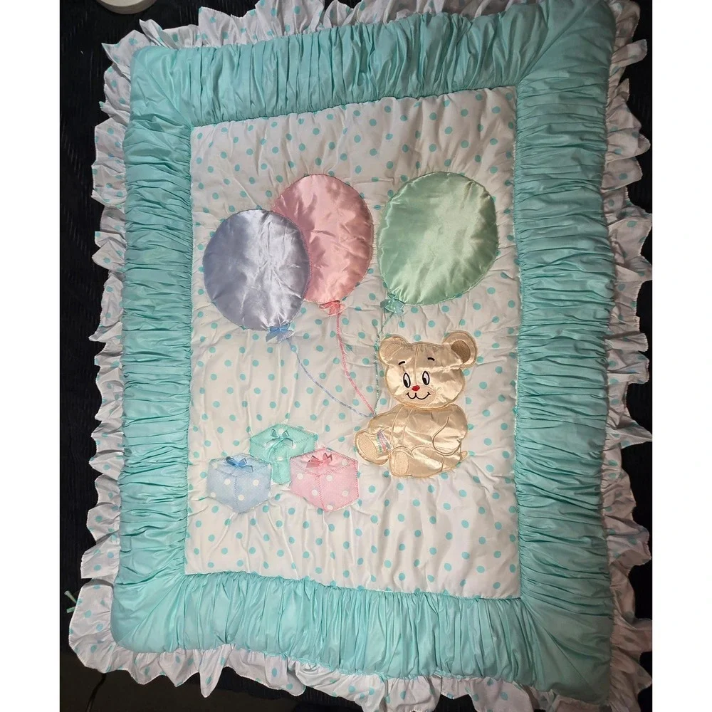 Vintage Kids Line Teddy Bear Balloons Polka Dot Baby Quilt Ruffled Aqua 35x45